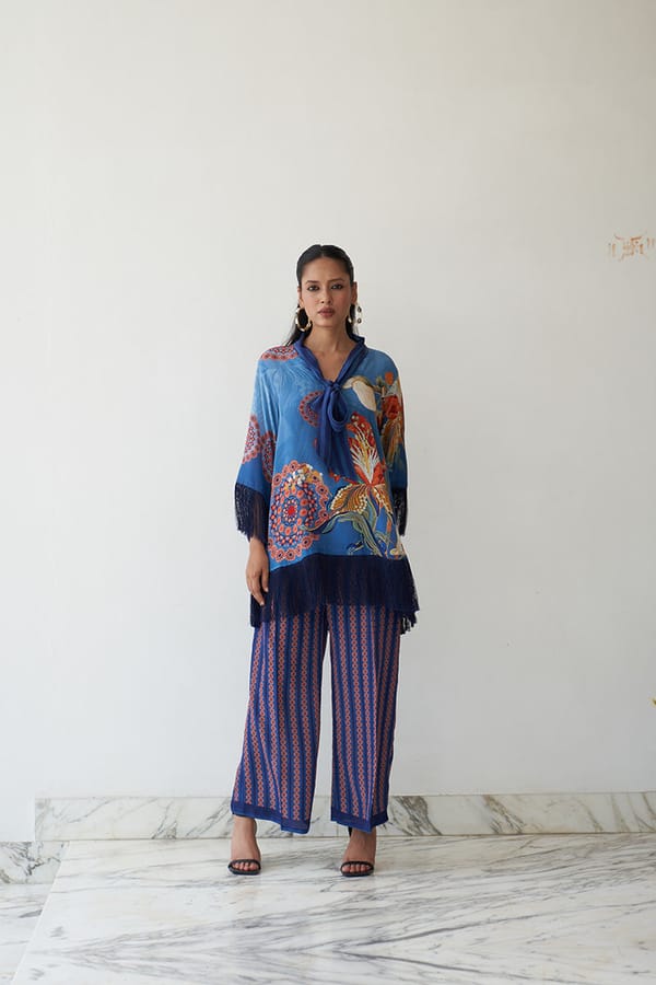 Navy Blue Printed Fringe Top and Wide-Leg Co-ord Set — Chakkraa