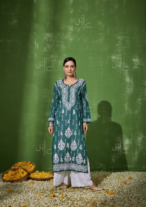 Mira Chikankari Straight Kurta (Green) — House Of Chikankari