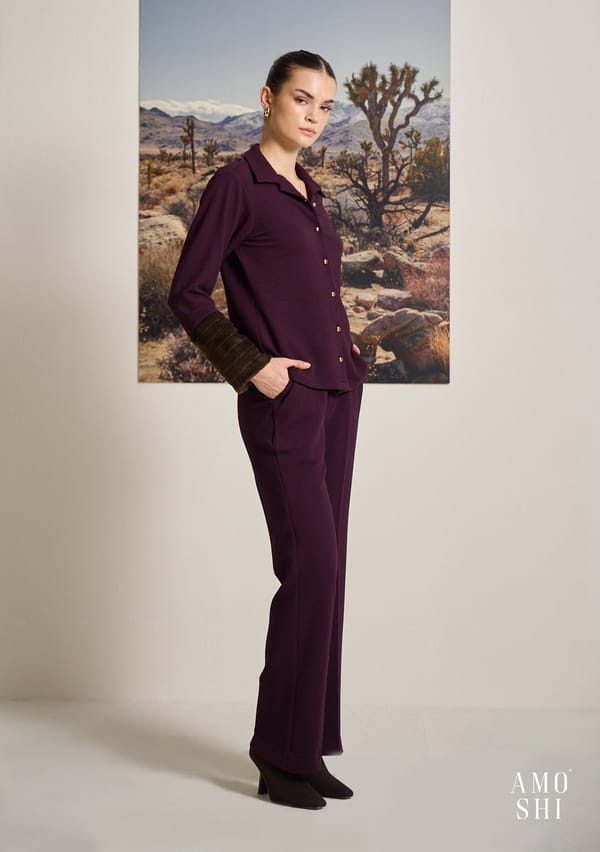 Wine Textured Shirt and Wide-Leg Trouser Co-ord Set — AMOSHI