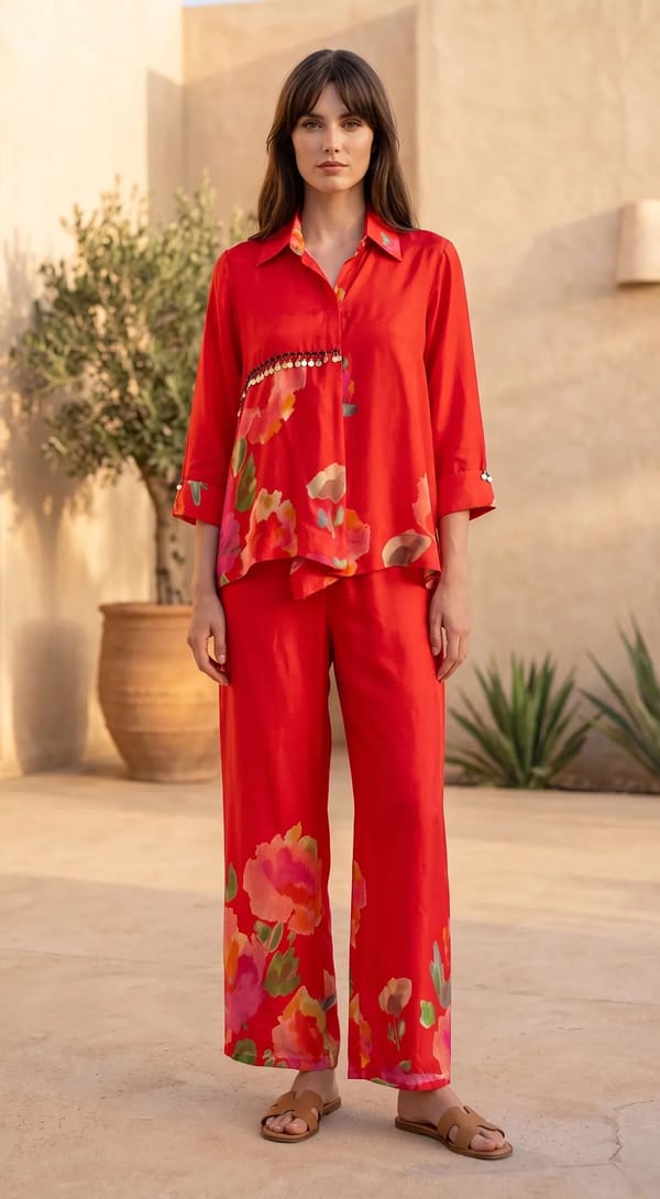 Red Floral Print Shirt and Wide-Leg Pants Co-ord Set — Basanti Kapde aur Koffee