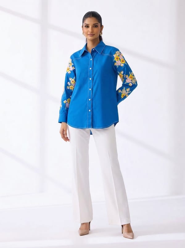 Electric Blue Embroidered Sleeve Cotton Shirt — RUCHIKA MALLIKA LABEL