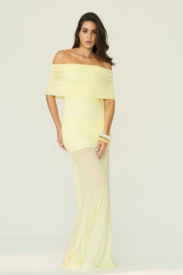 Butter Yellow Off-Shoulder Ruched Maxi Gown — LABEL FROW