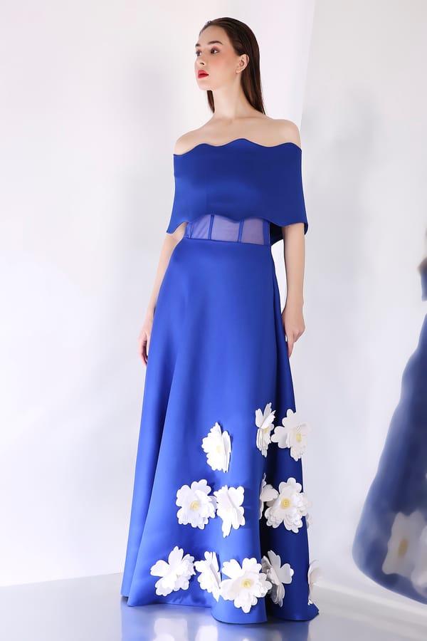 Royal Blue One-Shoulder Maxi Gown with 3D Floral Applique — OZEQO