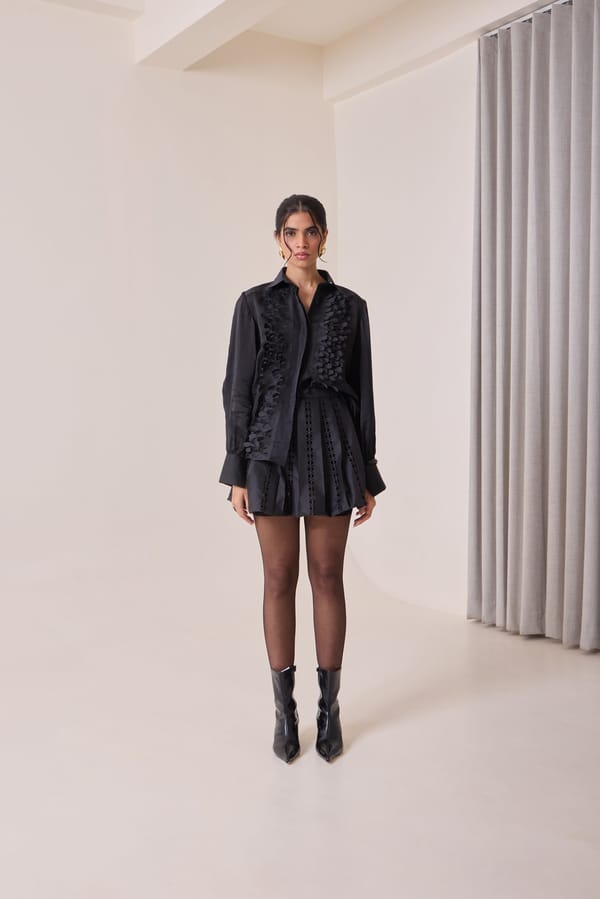 Black Satin Organza Applique Button-Down Shirt — Needle Ten
