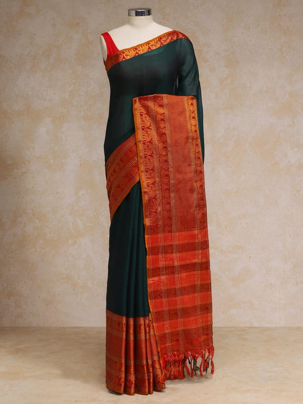 Bottle Green Big Border Cotton Narayanpet Saree — BINKS