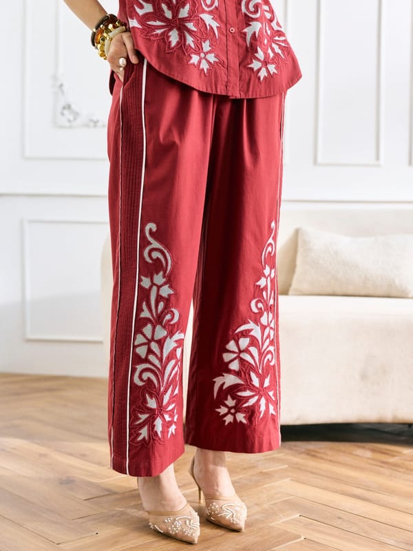 Red Cotton Poplin Wide-Leg Embroidered Trousers — Style Island