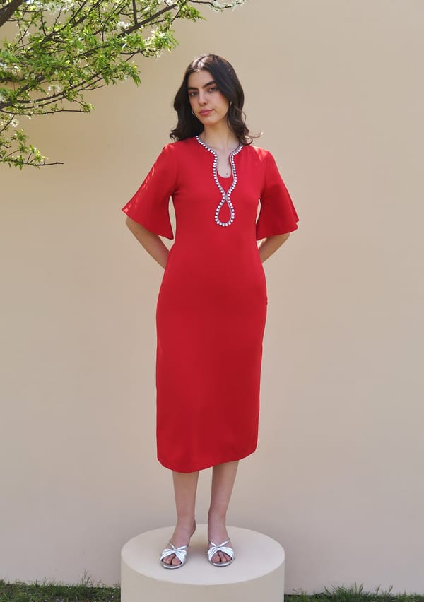 Red Crepe Embellished Keyhole-Neck Midi Dress — AMOSHI
