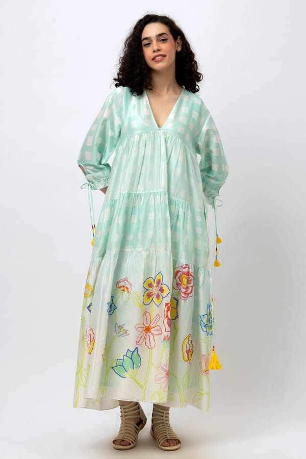 V-Neck Tiered Maxi with Doodle Florals — Jungle Marigold