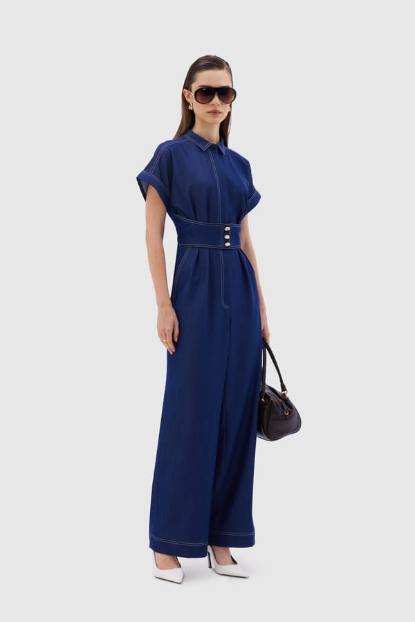 Blue Denim Tencel Collared Wide-Leg Jumpsuit — NOTEBOOK