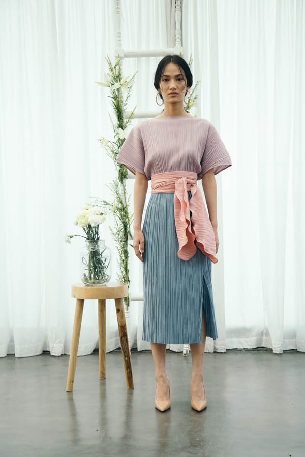 Pink/Blue Pleated Colorblocked Midi Dress with Sash — Pleats by Aruni