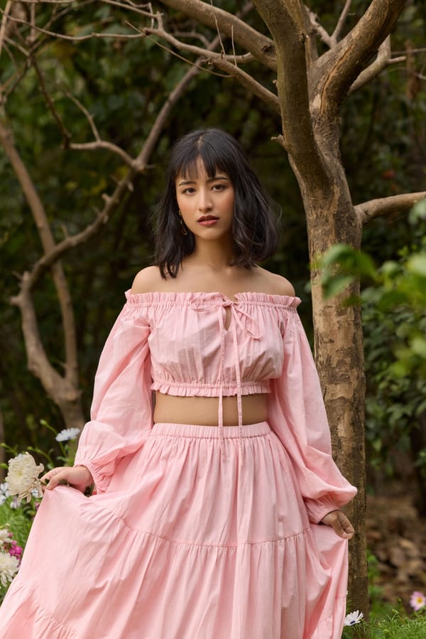 Pink Off-Shoulder Balloon Sleeve Crop Top with Tie-Up — The Clothing Factory