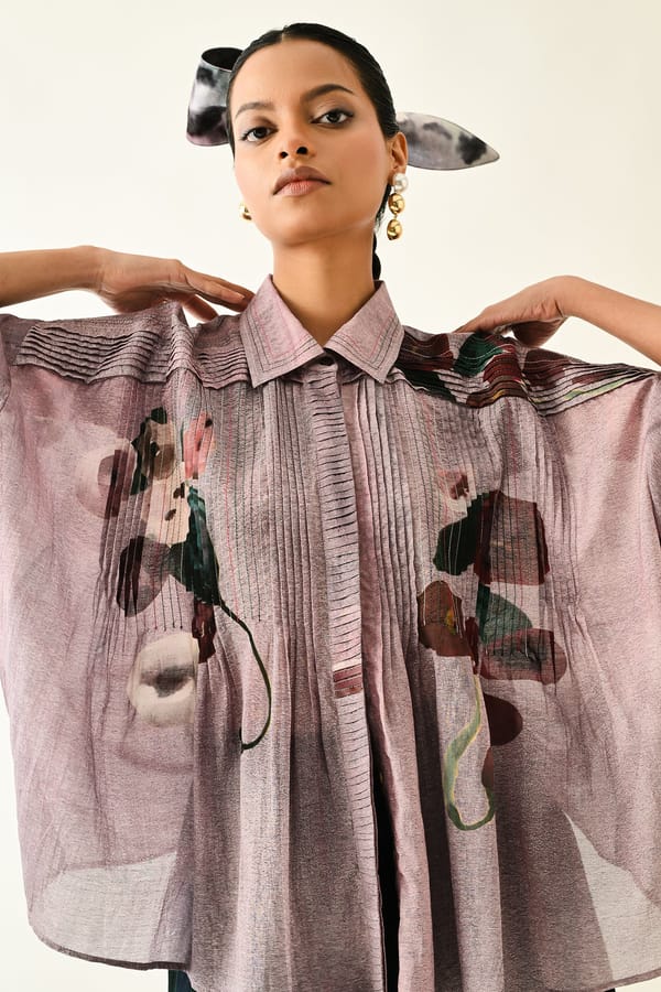 Lilac Abstract Printed Pintuck Anti-Fit Shirt — Ofrida