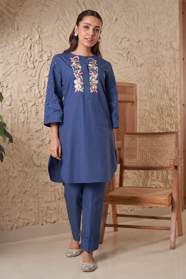 Deep Blue Straight Kurta Set with Embroidery and Cutwork — SAMATVAM