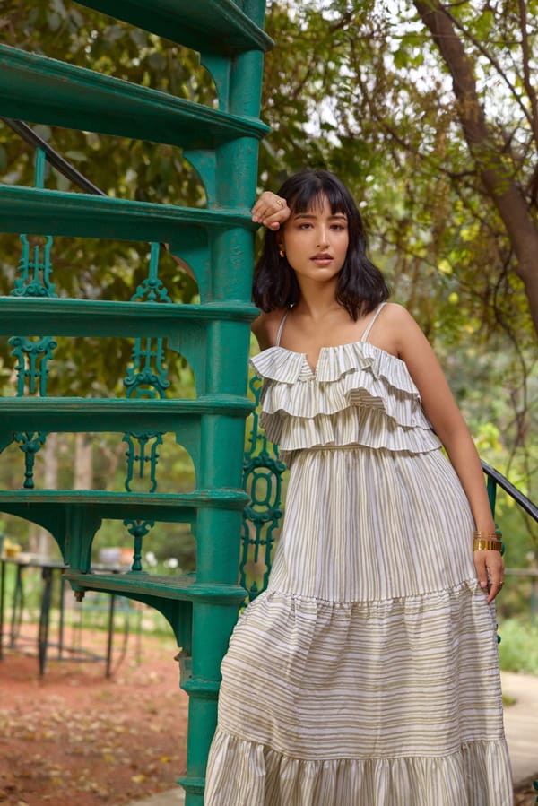 White/Green Striped Ruffle Tiered Maxi Dress — The Clothing Factory