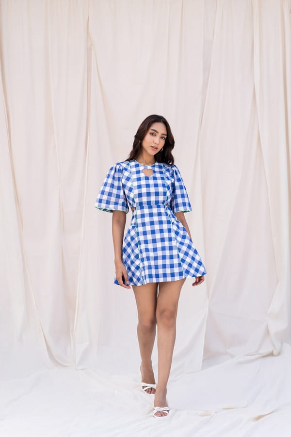 Blue/White Gingham Fit and Flare Mini Dress with Cut-Outs — Urban Suburban