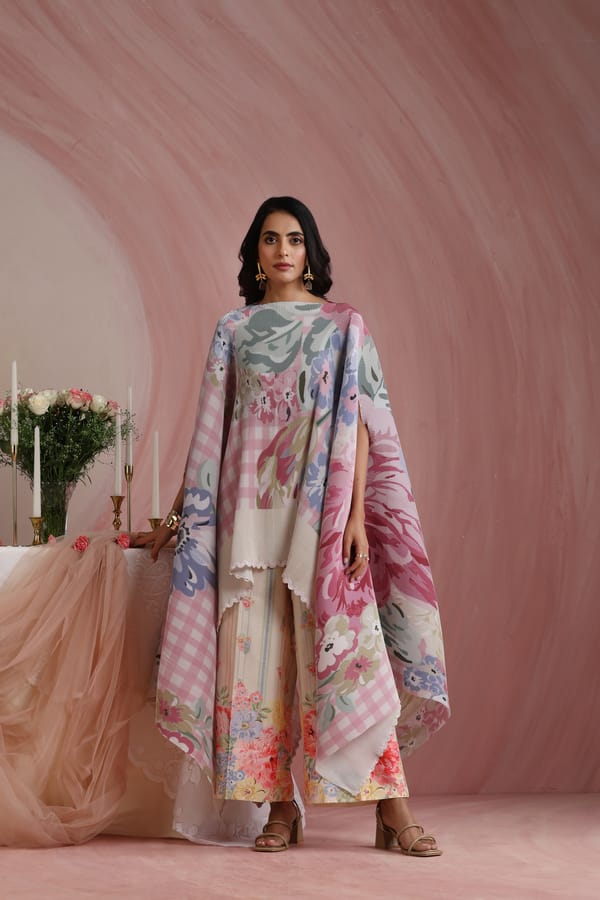 Rose Quartz Satin Floral Check Printed Pleated Cape — Moh India