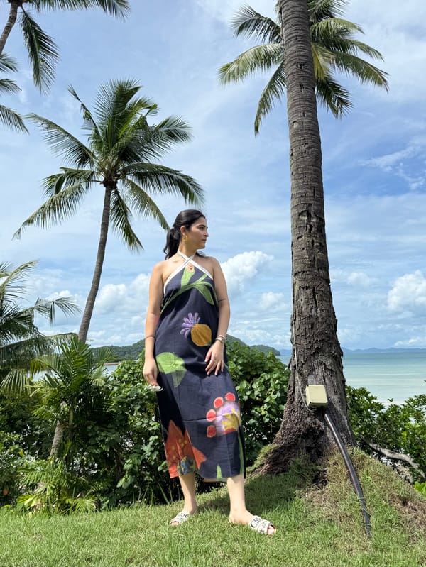 Blue Floral Halter-Neck Midi Dress with Pockets — GAIMA LABEL