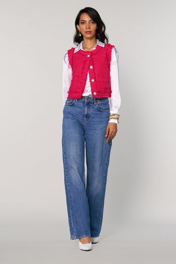 Fuchsia Pink Cropped Tweed Vest with Frayed Trim — Style Island