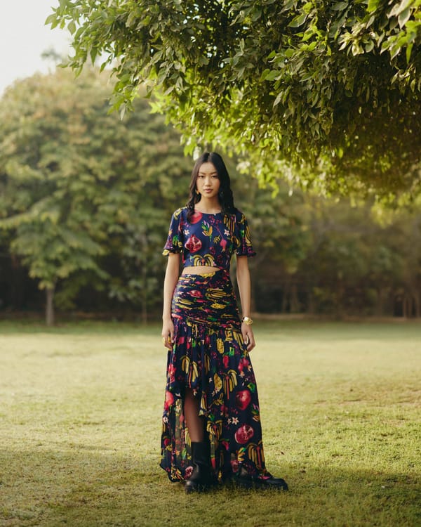 Navy Tropical Print Ruched Cut-Out Maxi Dress — EWOKE STUDIO