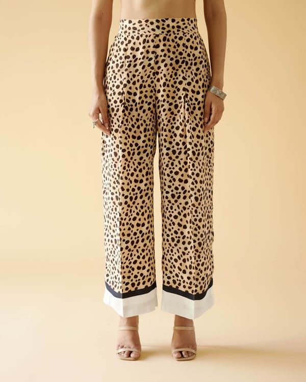 Beige and Black Animal Print Wide-Leg Satin Trousers — Moh India