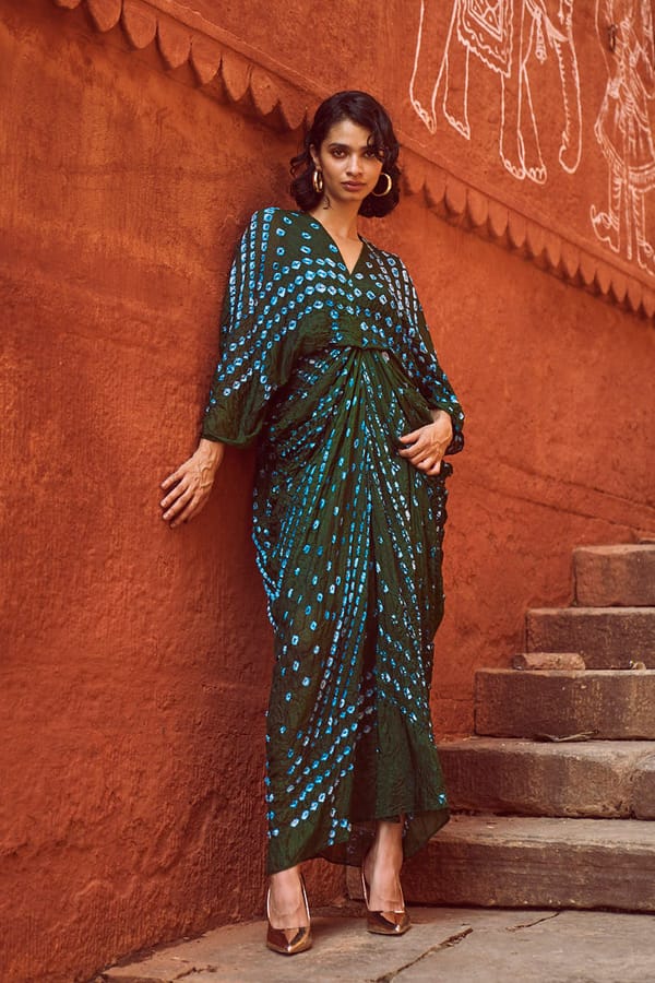Green Bandhani Draped Maxi Kaftan Dress — Dash and Dot