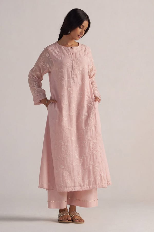 Potpourri Pink Embroidered Chanderi Co-ord Set — Ganga Fashions Pvt Ltd