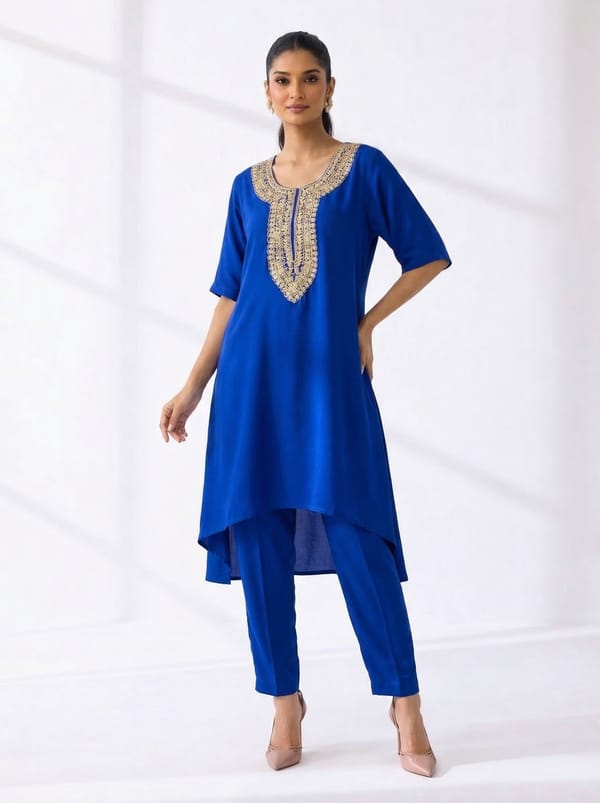 Blue Crepe Kurta and Pant Co-ord Set with Embroidered Yoke — Kylee Fashions