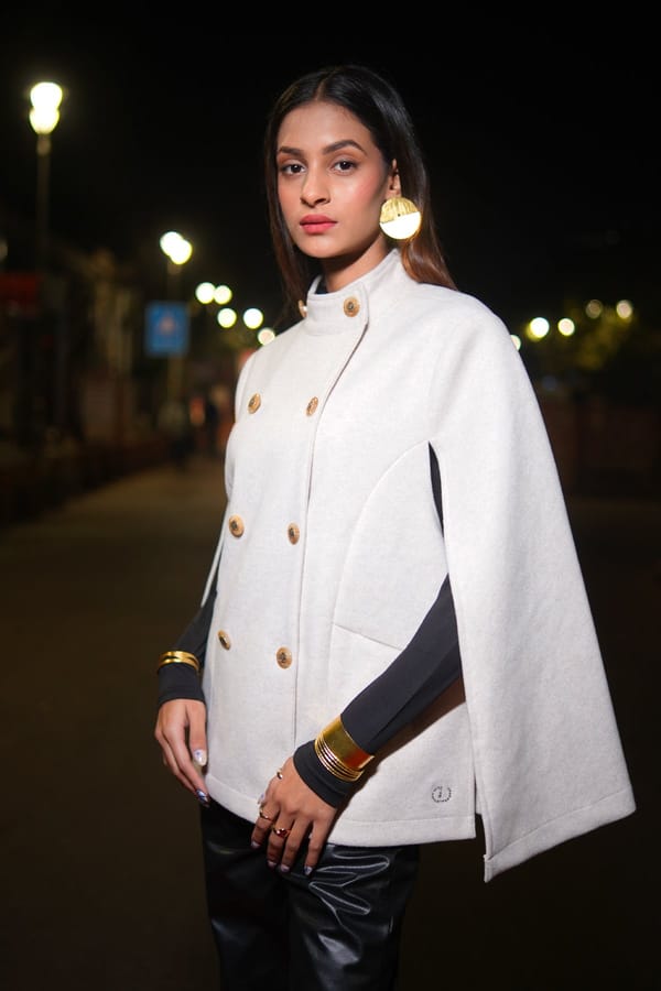 Winter White Merino Wool Cape Coat with Button Front — YELL