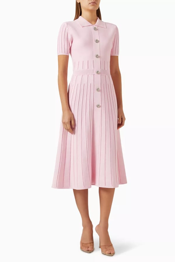 Pink Striped Knit Collared Midi Dress with Button Front — NOTEBOOK