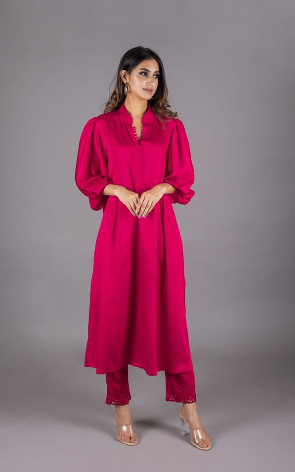 Hot Pink Straight Kurta Set with Embroidered Hem Pants — INCHING INDIA