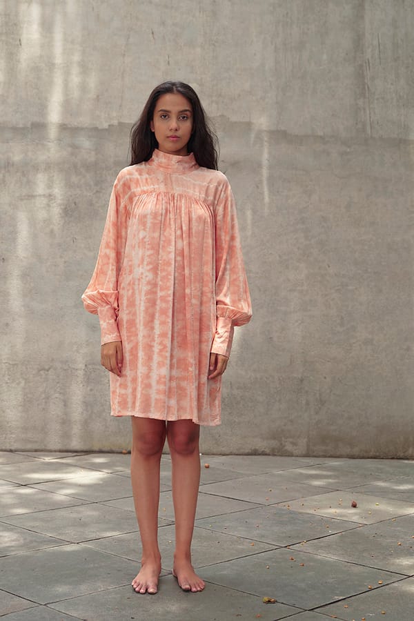 Peach Tie-Dye Funnel Neck Smock Mini Dress — ALTER NATIVE