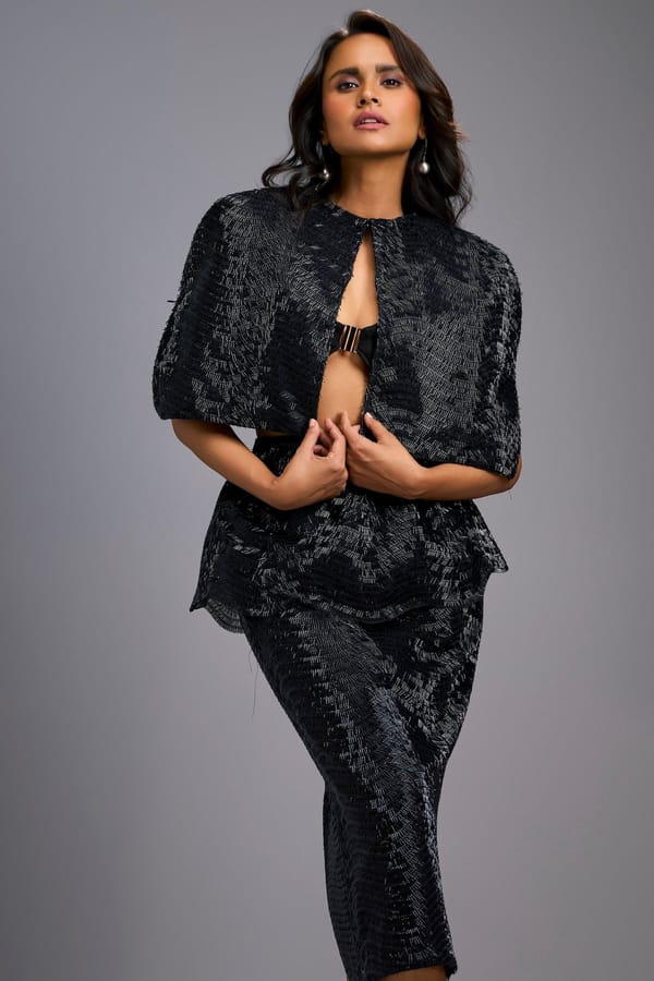 Shimmer Co-Ord Set With Cape & Midi Skirt — Deepika Arora