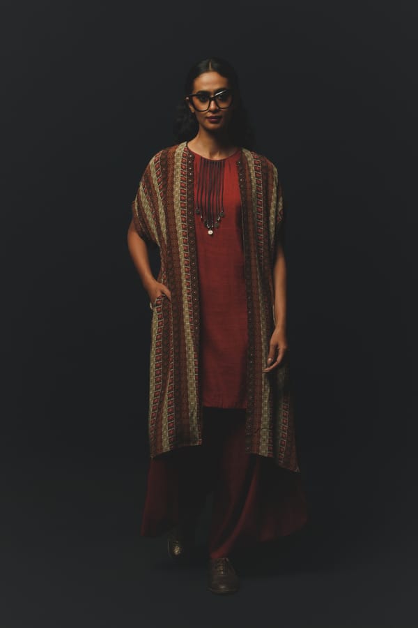 Rust Straight Kurta Set with Printed Long Overlayer — Basil Leaf