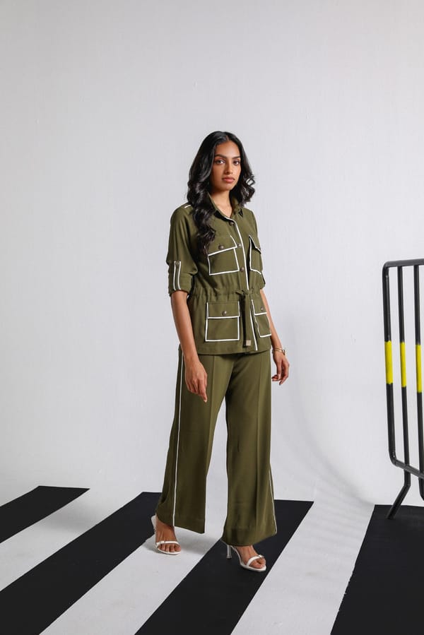 Olive Green Italian Twill Shirt and Pants Co-ord Set — Shivya K