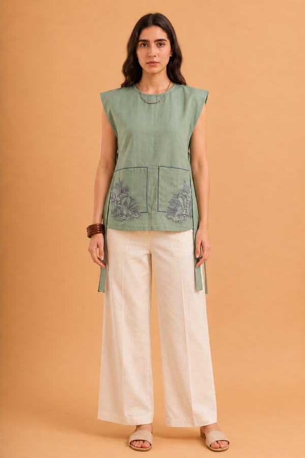 Green Cotton-Linen Utility Tunic Top with Embroidered Pockets — ANISETTE