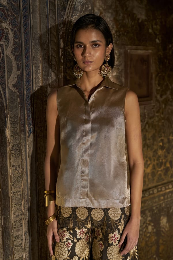 Metallic Beige Brocade Sleeveless Shirt with Collar — Dash and Dot