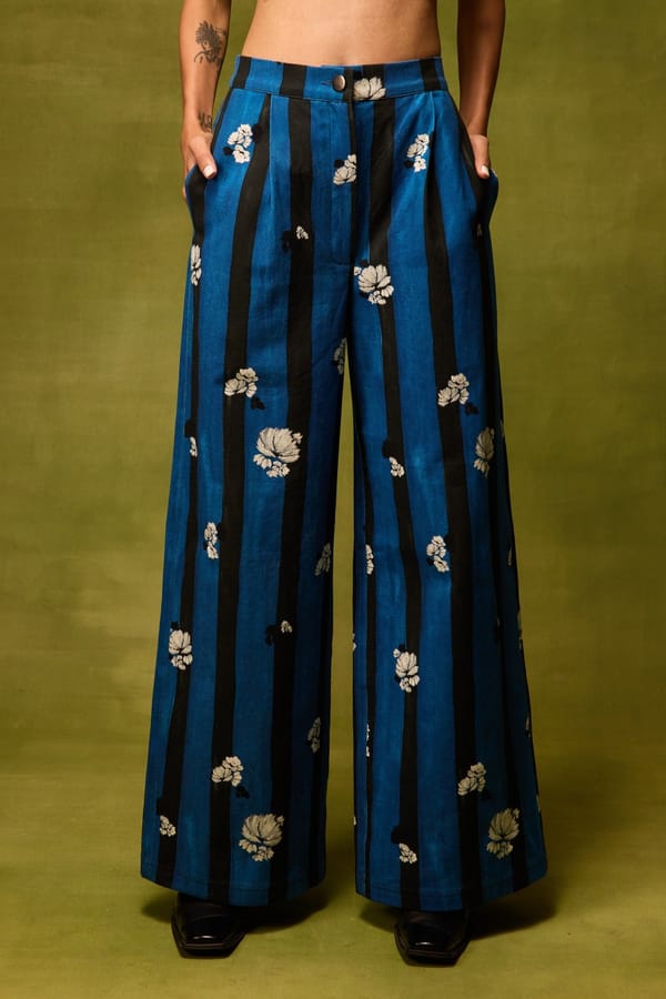 Blue Printed High-Rise Wide-Leg Trousers — Pocketful Of Cherrie