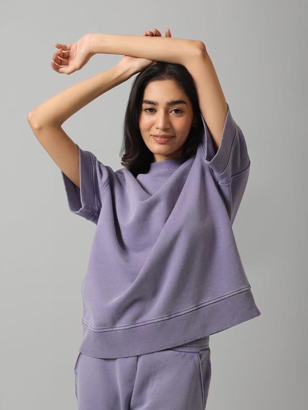 Lilac Acid-Wash Short Sleeve Cotton Terry Sweatshirt — Necesera