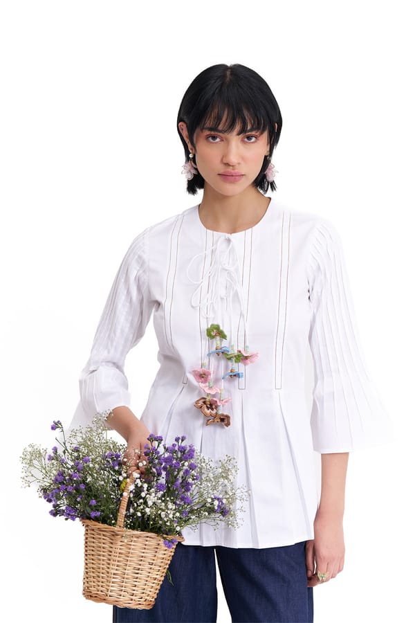 White Cotton Satin A-Line Tie-Up Top with Floral Tassels — Our Love
