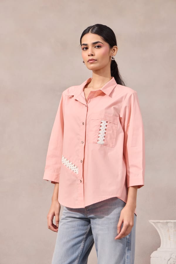 Sunset Pink Cotton Poplin Shirt with Contrast Lace Inlay — 63East