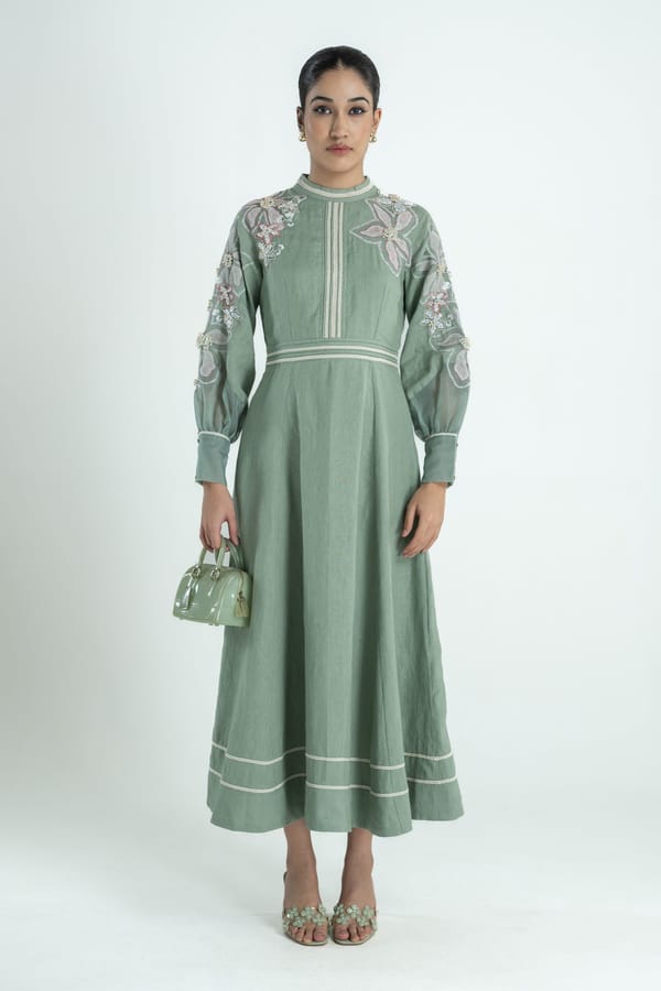 Olive Linen Fit and Flare Maxi Dress with Floral Applique — Our Love