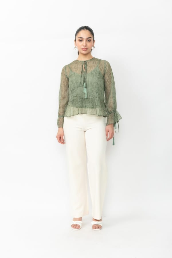 Green Textured Chiffon Tie-Up Top with Inner Slip — Contemponari