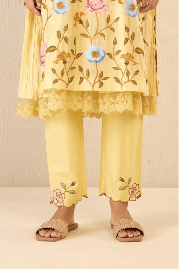 Petal Path: Yellow Floral Embroidery Scalloped Pants — SHIVANI BHARGAVA