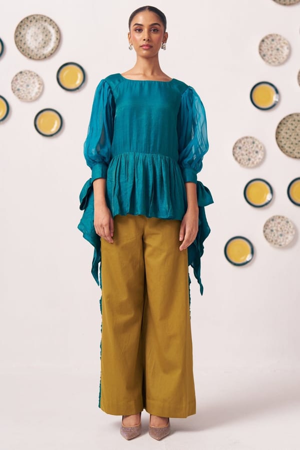 Shimmer Teal Pleated Top with Bow Tie Sleeve — Western Era