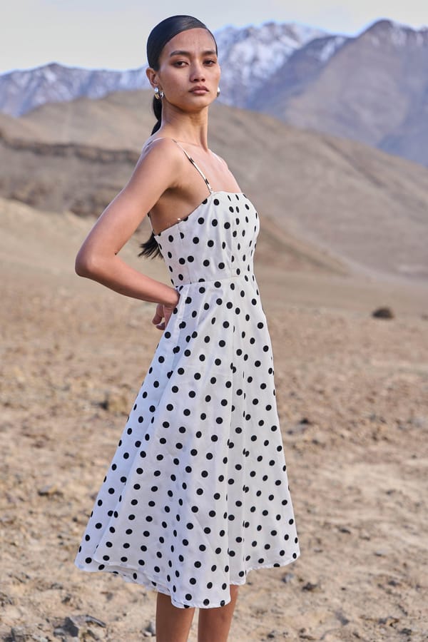 White/Black Polka Dot Fit and Flare Midi Dress — Dash and Dot