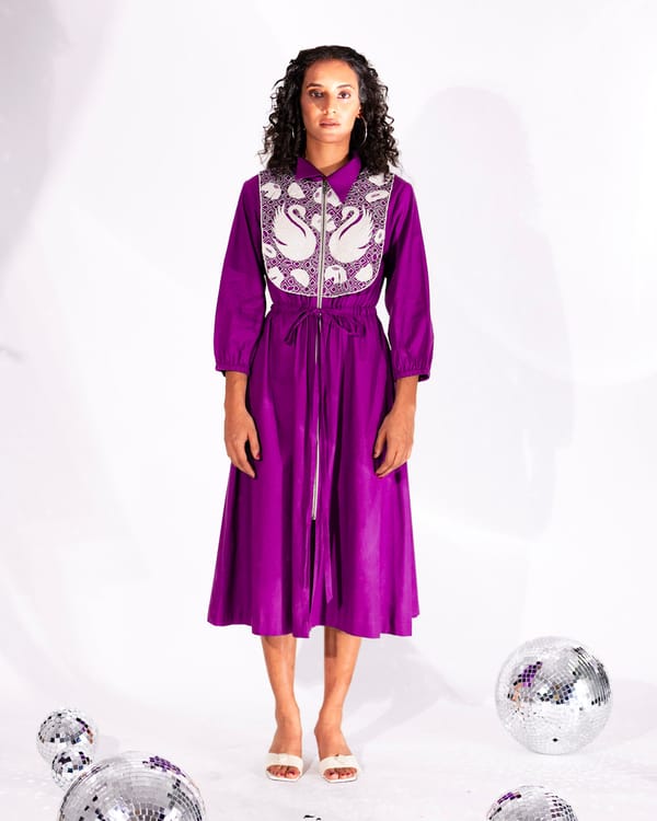 Purple Zip-Front Midi Dress with Embroidered Bib — Ang-sa