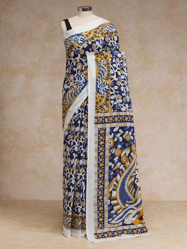 Indigo Bloom Block Print Cotton Saree Rozaana — BINKS