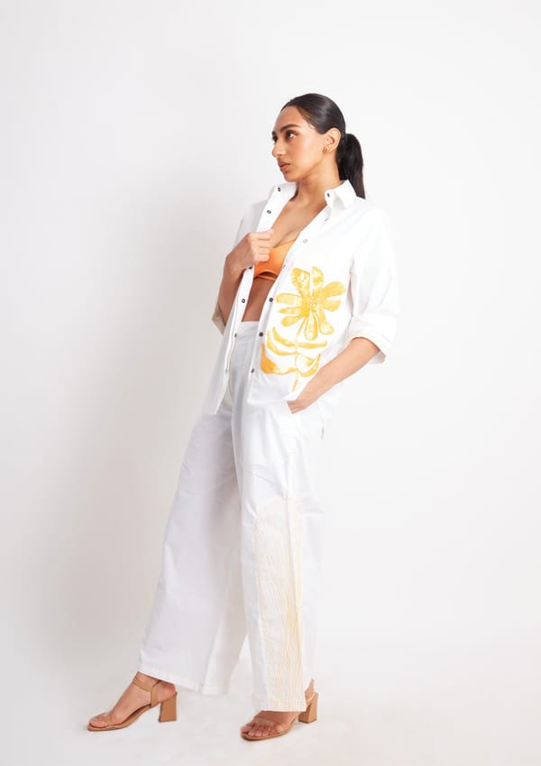 White Cotton Co-ord Set with Embroidery — Richa Goenka