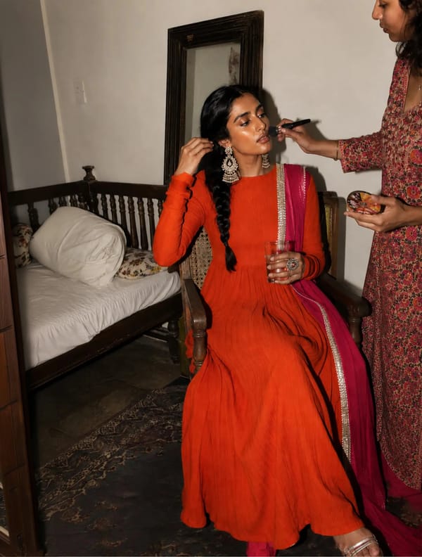 Orange Crinkle Anarkali Kurta Pant Dupatta Set — Truebrowns
