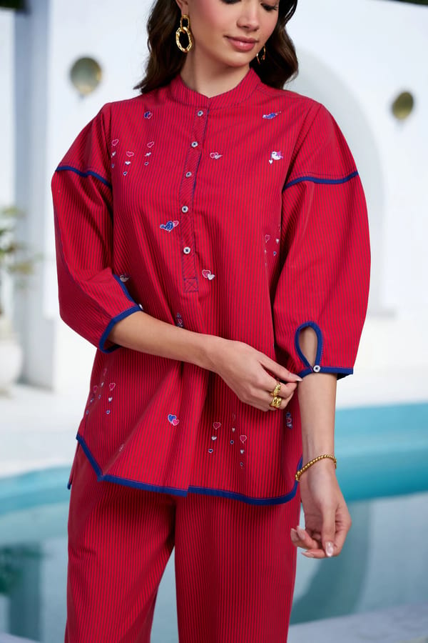 Red Cotton Pinstriped Shirt with Heart Embroidery — STITCH STORIES